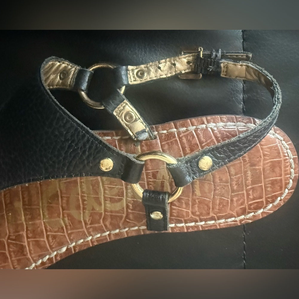 Sam Edelman Black & Brown Leather T-Strap Sandals Gold Hardware size 8.5 - Picture 3 of 6